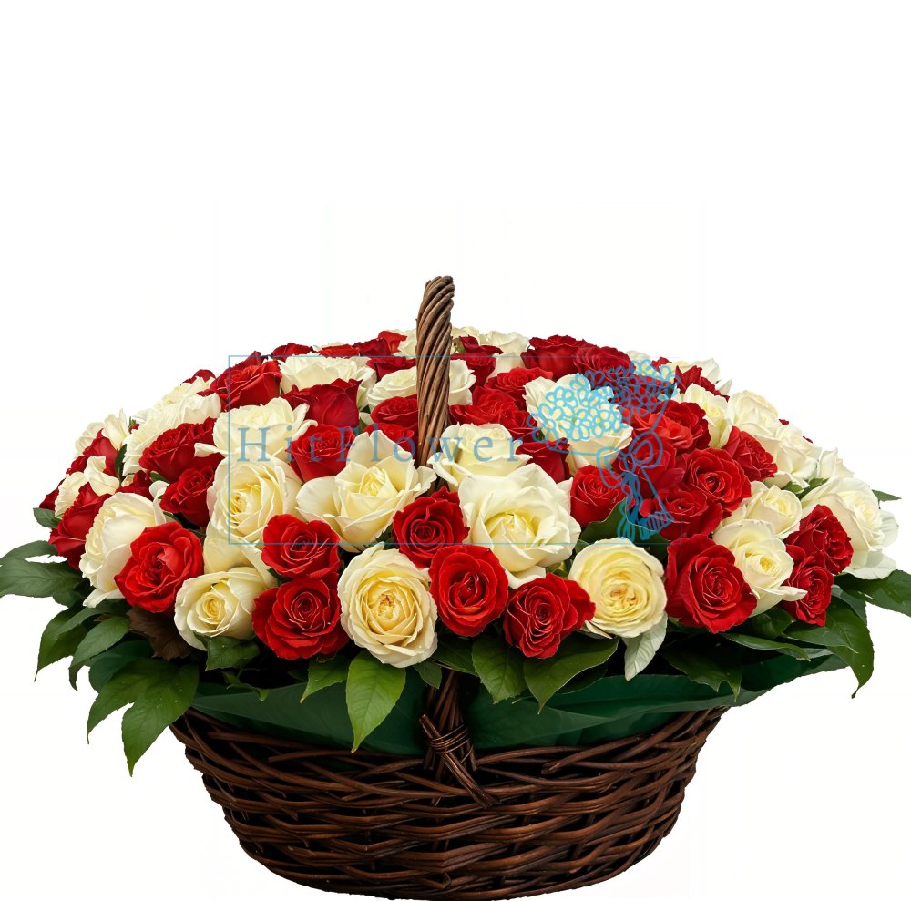 Композиция из живых цветов 101 роза в корзине Цветочная композиция из Розы